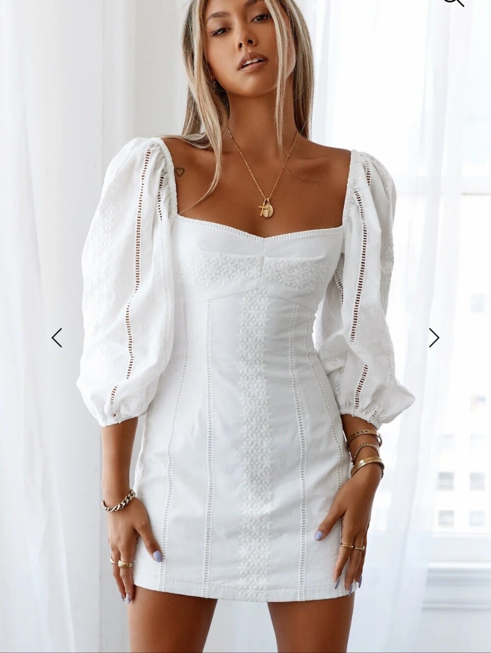 Hello Molly Destiny Speaks White Eyelet Puff Sleeve Mini Dress Medium US 6